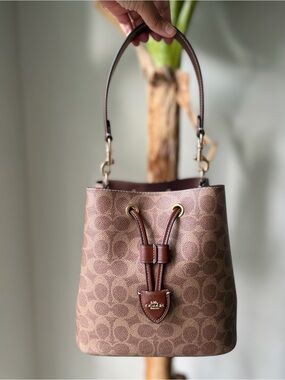 Coach Brown Signature Drawstring Bucket Shoulder Bag